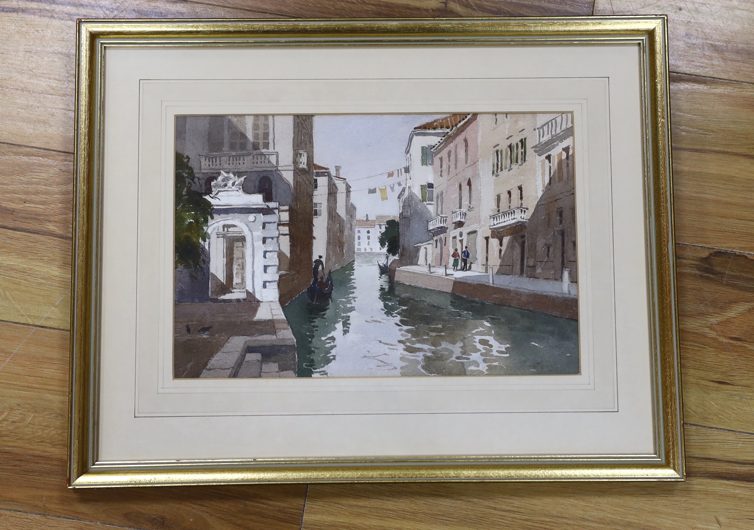 James Fletcher Watson (1913-2004) watercolour, 'Rio di Garzoti, Venice', signed, inscribed, Exhibition label verso, 35 x 23cm